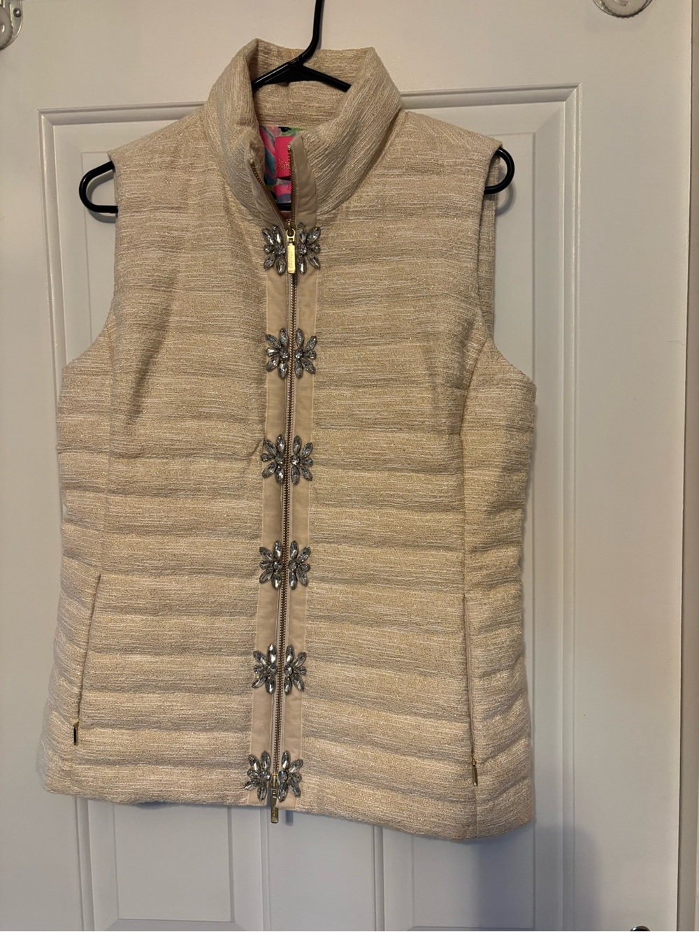 Lilly Pulitzer Cream Quilted Sleeveless Vest with Jeweled Floral Closures